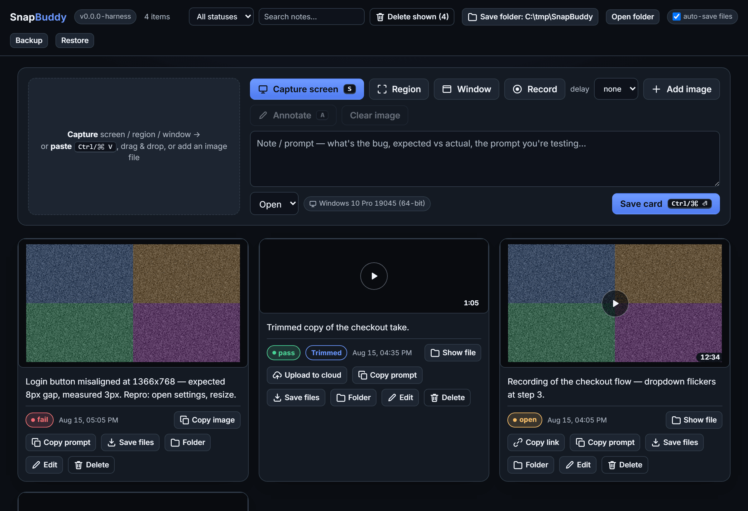 The SnapBuddy desktop board in dark theme: the capture composer with Capture screen, Region, Window and Record, above saved cards.