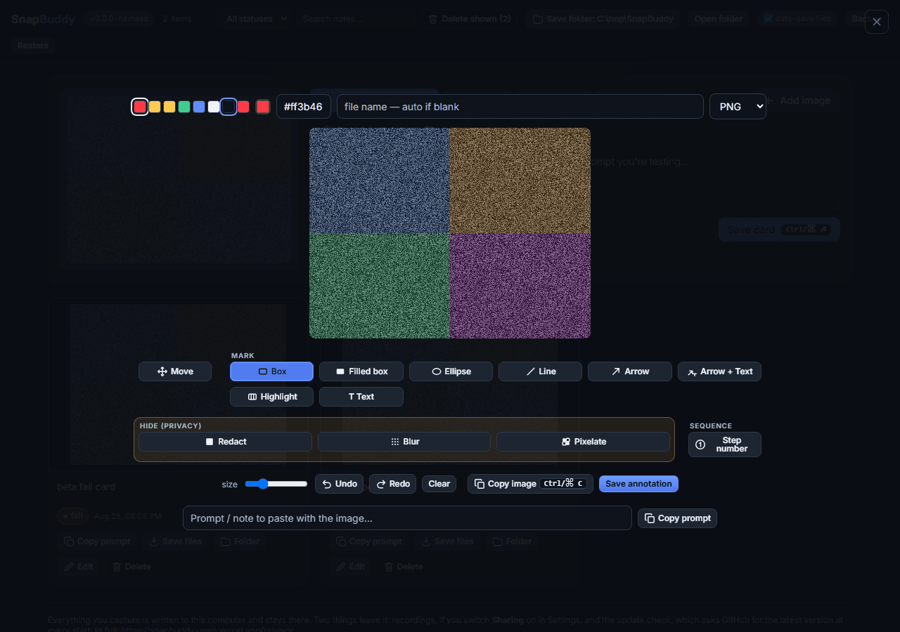 The annotation editor open over an image, with the toolbar grouped into mark tools, an outlined privacy band holding redact, blur and pixelate, and a step number tool.