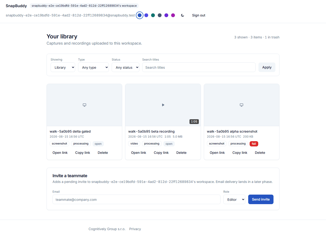 The web library in light theme: a filter bar above a grid of capture cards with type and status badges.